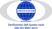 Logo: Zertifiziertes QM-System nach DIN ISO 9001:2015
